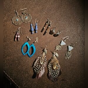 Vintage Lot of 8 Pairs Earrings Hippie Boho Beaded‎ Feathers 70s 80s Eclectic